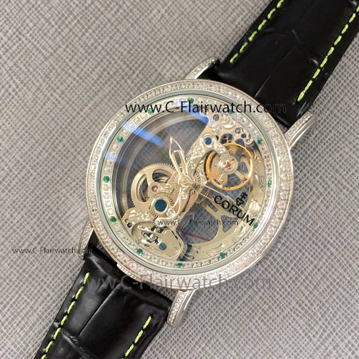Fake Corum Skeleton Watch SS Diamond Black Leather Band